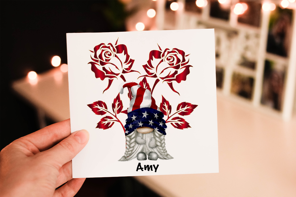 USA Gnome Red Rose Card, American National Flower Card - Click Image to Close